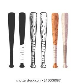 baseball bats set, different style: cartoon style, doodle and flat style, vector illustration.