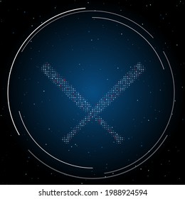 The baseball bats symbol filled with white dots. Pointillism style. Some dots is red. Vector illustration on blue background with stars