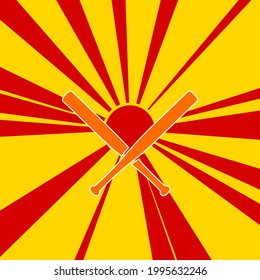 Baseball bats symbol on a background of red flash explosion radial lines. The large orange symbol is located in the center of the sun, symbolizing the sunrise. Vector illustration on yellow background