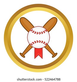 Baseball with bats vector icon in golden circle, cartoon style isolated on white background