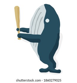 Batería de Béisbol 09 Ballena; Ilustración vectorial dibujada a mano como impresión en bloques de madera