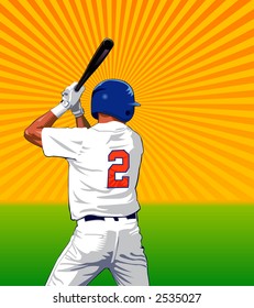 Baseball batter with bat over a field and sunburst - Vector