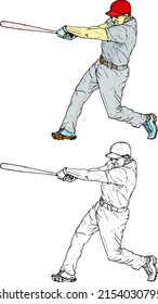 Baseball Batter Hit A Home Run Ball, Isolated Against White. Hand Drawn Vector Illustration.