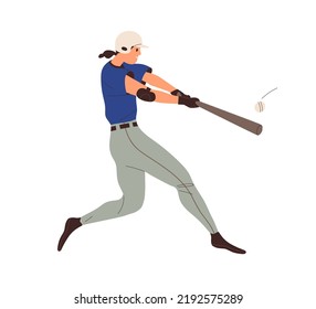 Baseball batter holding bat, swinging and hitting ball. Woman athlete hitter in helmet, uniform playing outdoor game. Professional sports player. Flat vector illustration isolated on white