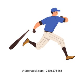 El jugador de bateador de béisbol corre a la base después de golpear una bola, ilustración vectorial plana aislada en fondo blanco. Momento de ataque en el partido de béisbol o softball.