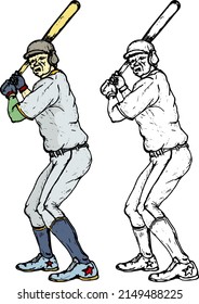 Baseball batter ready to hit the ball, isolated against white. Hand drawn vector illustration.