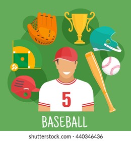 Baseball batter in sporting uniform and cap flat icon for sports competition design usage with symbols of ball, bat, protective helmets and catcher glove, trophy cup and baseball field