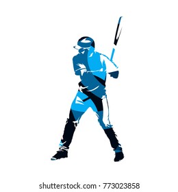 Baseball batter standing with bat in his hands, abstract blue vector silhouette