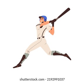 Baseball batter swinging with bat, hitting. Happy athlete hitter in helmet, uniform playing base ball. Professional sports game player. Flat vector illustration isolated on white background