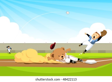 Baseball bear doing the homerun A cuddly bear slides on the ground and reach the base for homerun.