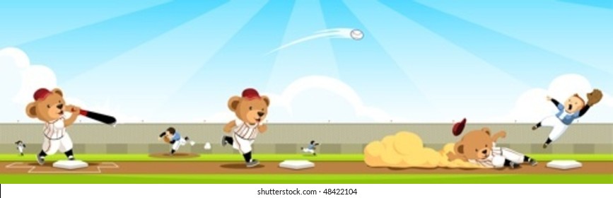 Baseball bear team sequence A sequence of cuddly bear playing baseball from hitting to running and finally homerun.