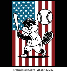 Baseball Beaver American Flag Patriotic T-shirt