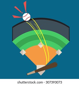 A Baseball Being Hit Out of the Park, Stadium by Baseball Bat With Words of Joy, Victory. Illustration, Vector