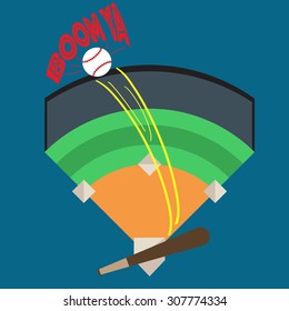 A Baseball Being Hit Out of the Park, Stadium by Baseball Bat With Words of Joy, Victory. Illustration, Vector