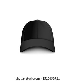 Baseball Black Blank Cap Front View For Sport Team Or Company Uniform Clothing Design, 3d Photo Realistic Vector Mockup Illustration Isolated On White Background.