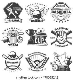 Baseball black white emblems of teams and tournaments with sports equipment cup player isolated vector illustration 