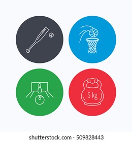 Baseball, bowling and basketball icons. Weight linear sign. Linear icons on colored buttons. Flat web symbols. Vector