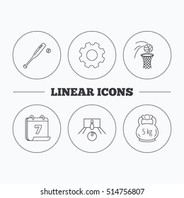 Baseball, bowling and basketball icons. Weight linear sign. Flat cogwheel and calendar symbols. Linear icons in circle buttons. Vector