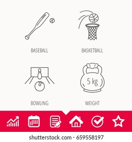 Baseball, bowling and basketball icons. Weight linear sign. Edit document, Calendar and Graph chart signs. Star, Check and House web icons. Vector