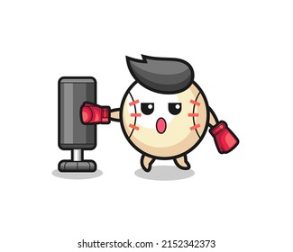 baseball boxer cartoon doing training with punching bag , cute design