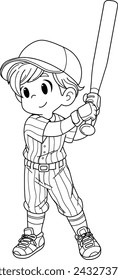 Béisbol niño dibujos animados para colorear página dibujado a mano vector.