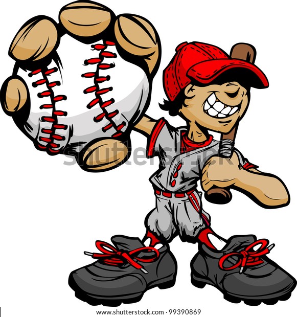 バットとボールベクターイラストを持つ野球少年の漫画の選手 のベクター画像素材 ロイヤリティフリー
