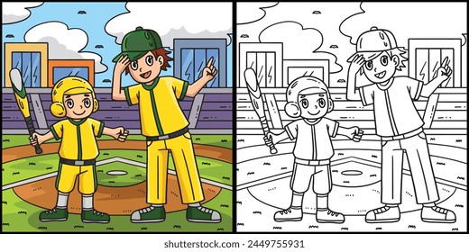 Baseball Boy and Coach Coloring Page Illustration