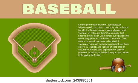 Baseball brochure with baseball filed, hat, bat, ball and glove, vector illustration