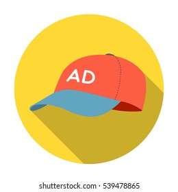 Baseball cap advertising icon in flat style isolated on white background. Advertising symbol stock vector illustration.