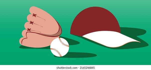 Baseball cap, ball and baseball glove and nobody. Flat vector stock illustration. Concept of baseball game. Sports items without people