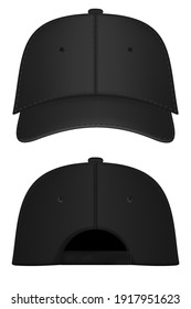 Baseball cap black template. Design template closeup in vector. Realistic back front and back view black baseball cap isolated on white background.