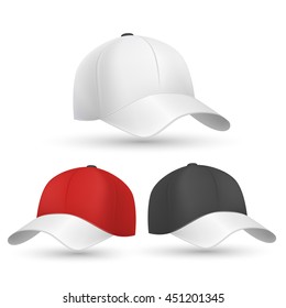 Baseball cap black, white and red vector templates. Cap for protection head from sun and illustration model cap for baseball