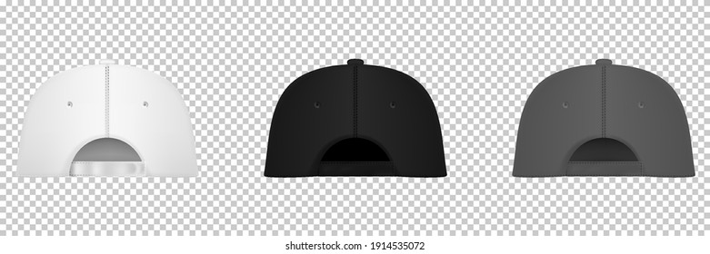 Baseball cap black and white template. Design template closeup in vector. Realistic back view white baseball cap isolated on transparent background.