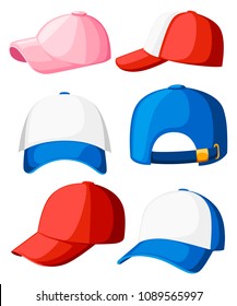 Baseball cap. Collection of various caps. Blue, white, pink and red colors. Summer hats for children and adults. Cartoon style design. Vector illustration isolated on white background.