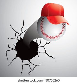 baseball with cap coming out of cracked wall