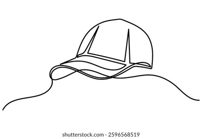 
Baseball cap continuous one line drawing. Isolated on white background vector illustration. hiking adventure cap hat, trip, travel, outline. sun hat, sun cap.