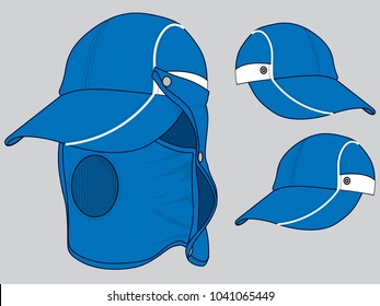 Baseball Cap Design Blue/White And UV Protection Face And Neck Cover Vector.