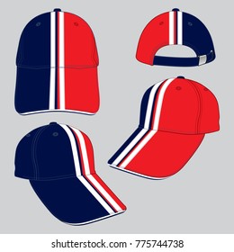 Baseball cap design navy/red colors and double white line, silver buckle strap.