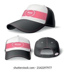 Baseball cap design. Realistic uniform or sports headgear mockup for branding. Embroidered hat with visor. Head wearing element. Different view angles. Vector unisex