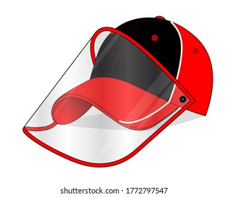 Baseball Cap Design Red/Black Colors, White Lines Piping, Plastic Transparent Face Shield Vector For Template.