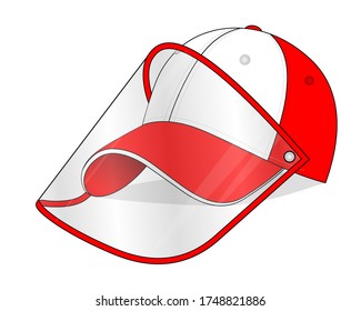 Baseball Cap Design Red/White Colors And Plastic Transparent Face Shield Vector For Template.