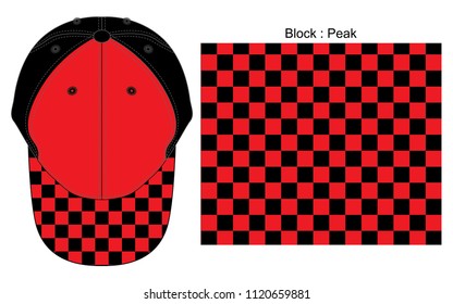 Baseball Cap Design Vector With Checker Pattern Red/Black Colors  On Peak Cap.