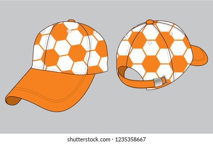 Baseball Cap Design Vector With Soccer Ball White/Orange Colors Graphic Lines, Sublimation Printed. 