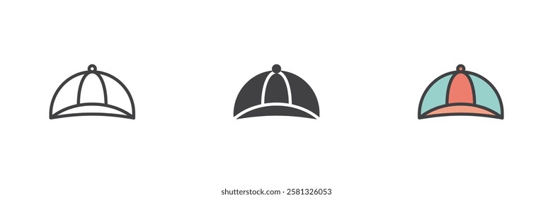 Baseball cap different style icon set. Line, glyph and filled outline colorful version, outline and filled vector sign. Symbol, logo illustration. Vector graphics