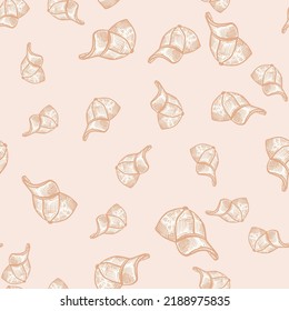 Baseball cap engraving seamless pattern. Casual modern headwear in hand drawn style. Sketch texture for fabric, wallpaper, textile, print, title, wrapping paper. Vector illustration.
