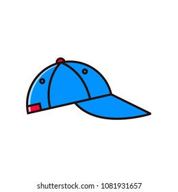 Baseball cap flat color line icon on isolated background. Base ball hat symbol in thin outline design. Sport headwear sign, element, pictogram.