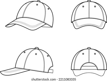 Baseball cap flat sketch. Sport hat apparel design. Front, side, back. Men CAD mockup. Fashion technical drawing template. Vector illustration.