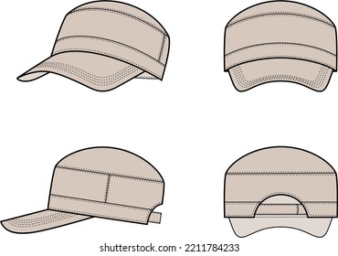 Baseball cap flat sketch. Sport hat apparel design. Front, side, back. Men CAD mockup. Fashion technical drawing template. Vector illustration.