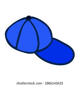 Baseball cap. Flat baseball cap template side view. Blue cap isolated on white background. Empty mockup of sport hat. Cartoon vector illustration of sport unisex hat with a blue visor.