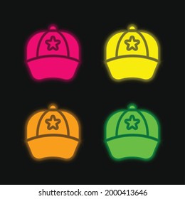 Baseball Cap four color glowing neon vector icon